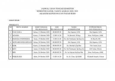 Jadwal Ujian Tengah Semester TA.2020/2021 tk 1
